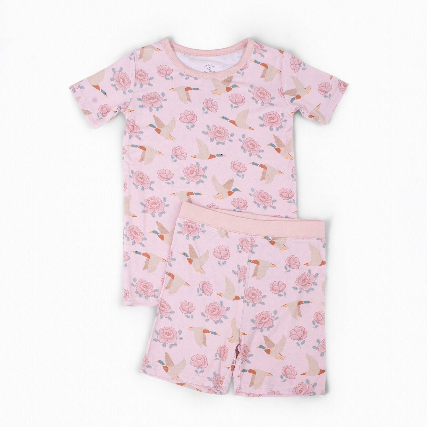 Mallards in Bloom Bamboo Two-Piece Short Set Pearls and Pelicans