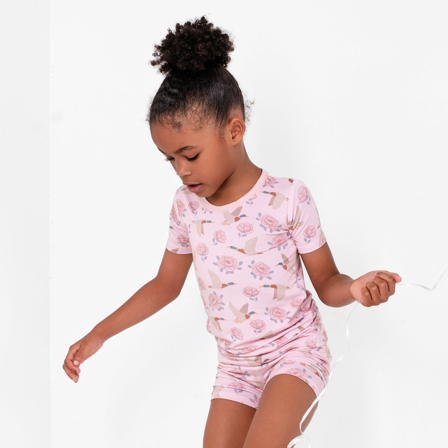 Mallards in Bloom Bamboo Two-Piece Short Set Pearls and Pelicans